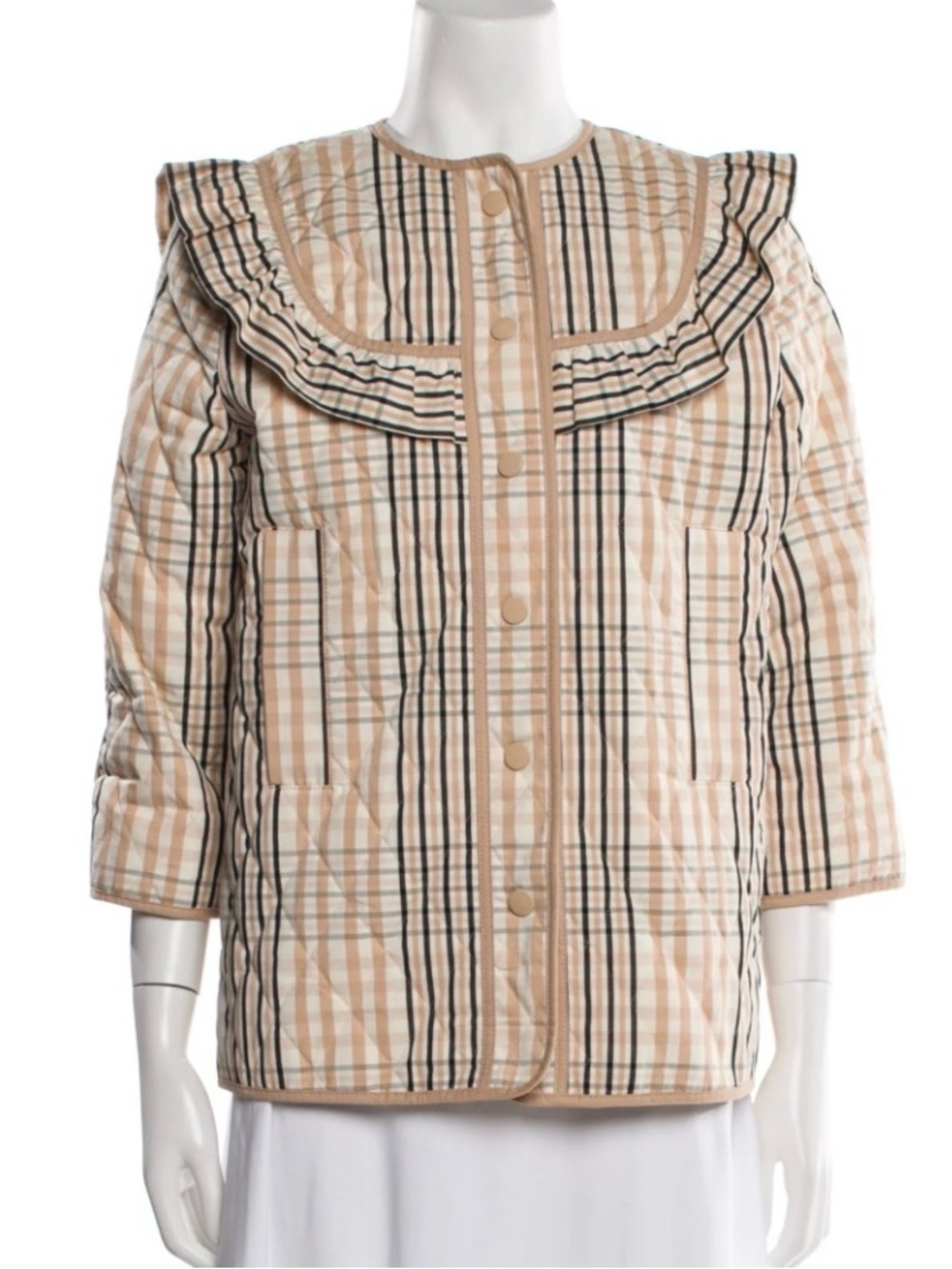 Ganni Plaid Quilted Ruffle-Trim Shirt Jacket